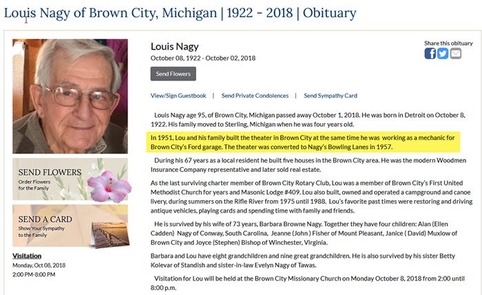 Brown City Theater - OBITUARY FOR LOUIS NAGY WHO BUILT THE THEATER